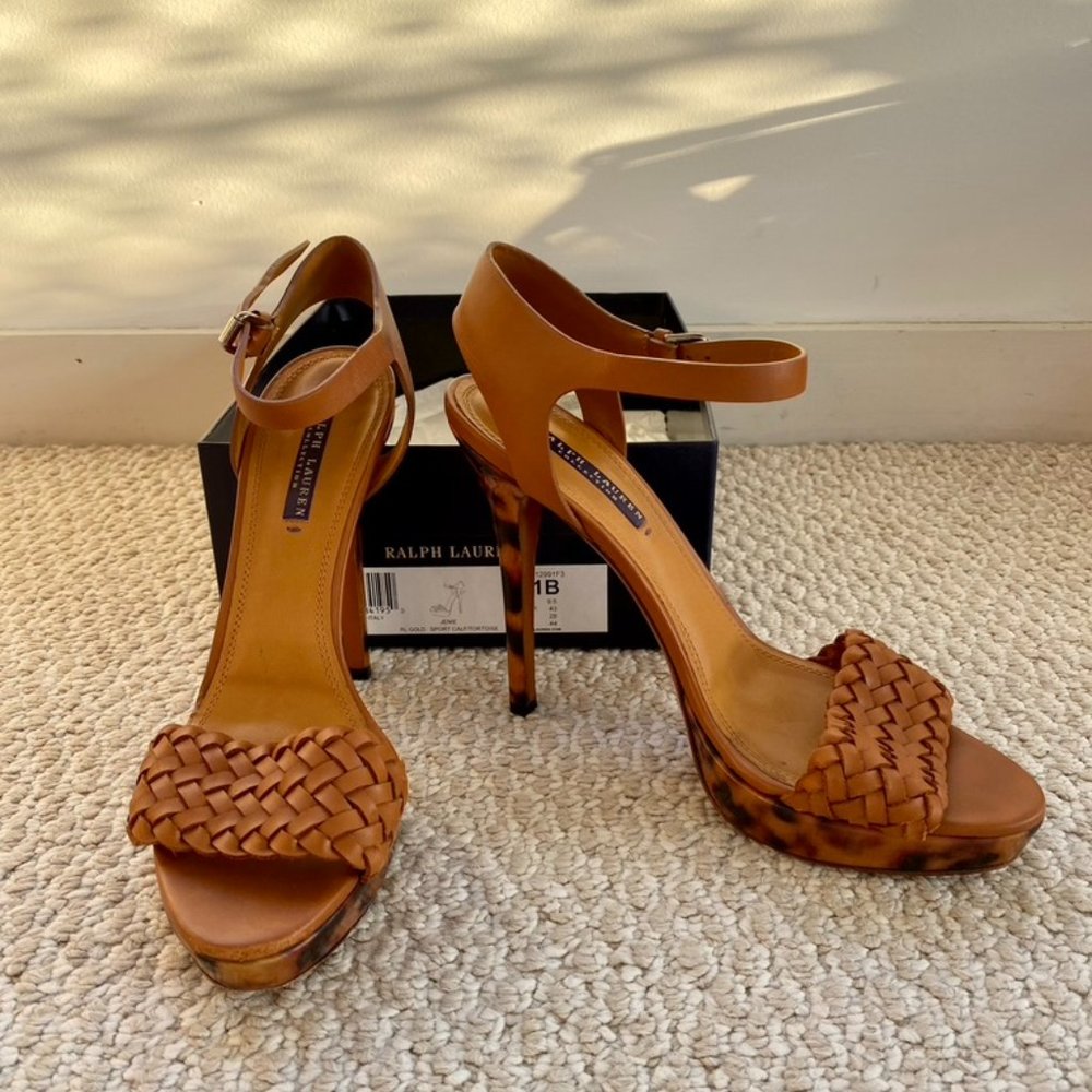 Ralph Lauren Collection Tortoise Leather Braided Jenie Platform Heel Size 11